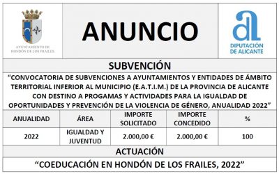 “CONVOCATORIA DE SUBVENCIONES A AYUNTAMIENTOS Y ENTIDADES DE ÁMBITO TERRITORIAL INFERIOR AL MUNICIPIO (E.A.T.I.M.) DE LA PROVINCIA DE ALICANTE CON DESTINO A PROGAMAS Y ACTIVIDADES PARA LA IGUALDAD DE OPORTUNIDADES Y PREVENCIÓN DE LA VIOLENCIA DE GÉNERO, ANUALIDAD 2022”