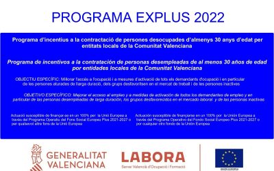 Inicio del PROGRAMA EXPLUS 2022 – AVALEM EXPERIÈNCIA PLUS, destinado a la contratación de personas desempleadas de al menos 30 años de edad