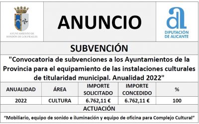 «Convocatoria de subvenciones a los Ayuntamientos de la Provincia para el equipamiento de las instalaciones culturales de titularidad municipal. Anualidad 2022»