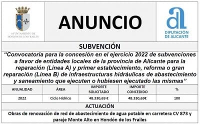 “Convocatoria para la concesión en el ejercicio 2022 de subvenciones a favor de entidades locales de la provincia de Alicante para la reparación (Línea A) y primer establecimiento, reforma o gran reparación (Línea B) de infraestructuras hidráulicas de abastecimiento y saneamiento que ejecuten o hubiesen ejecutado las mismas”