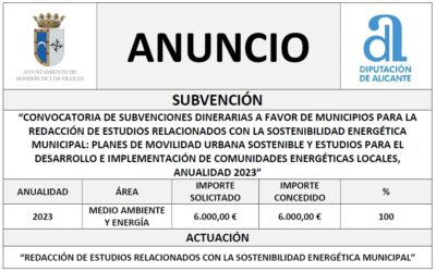 “CONVOCATORIA DE SUBVENCIONES DINERARIAS A FAVOR DE MUNICIPIOS PARA LA REDACCIÓN DE ESTUDIOS RELACIONADOS CON LA SOSTENIBILIDAD ENERGÉTICA MUNICIPAL: PLANES DE MOVILIDAD URBANA SOSTENIBLE Y ESTUDIOS PARA EL DESARROLLO E IMPLEMENTACIÓN DE COMUNIDADES ENERGÉTICAS LOCALES, ANUALIDAD 2023”