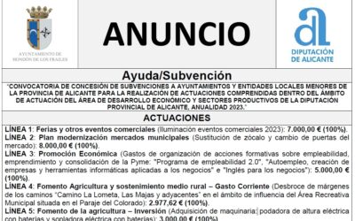 “CONVOCATORIA DE CONCESIÓN DE SUBVENCIONES A AYUNTAMIENTOS Y ENTIDADES LOCALES MENORES DE LA PROVINCIA DE ALICANTE PARA LA REALIZACIÓN DE ACTUACIONES COMPRENDIDAS DENTRO DEL ÁMBITO DE ACTUACIÓN DEL ÁREA DE DESARROLLO ECONÓMICO Y SECTORES PRODUCTIVOS DE LA DIPUTACIÓN PROVINCIAL DE ALICANTE, ANUALIDAD 2023”.