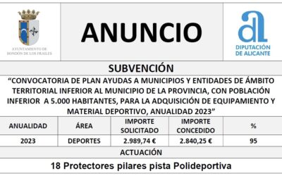 “CONVOCATORIA DE PLAN AYUDAS A MUNICIPIOS Y ENTIDADES DE ÁMBITO TERRITORIAL INFERIOR AL MUNICIPIO DE LA PROVINCIA, CON POBLACIÓN INFERIOR A 5.000 HABITANTES, PARA LA ADQUISICIÓN DE EQUIPAMIENTO Y MATERIAL DEPORTIVO, ANUALIDAD 2023”