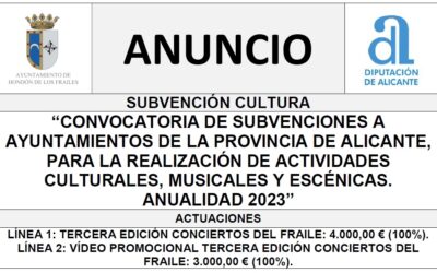 “CONVOCATORIA DE SUBVENCIONES A AYUNTAMIENTOS DE LA PROVINCIA DE ALICANTE, PARA LA REALIZACIÓN DE ACTIVIDADES CULTURALES, MUSICALES Y ESCÉNICAS. ANUALIDAD 2023”