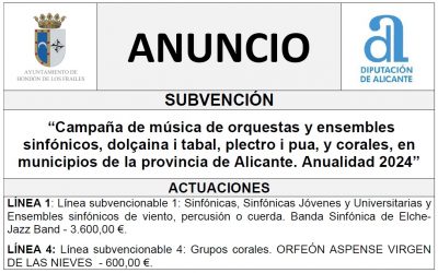 “Campaña de música de orquestas y ensembles sinfónicos, dolçaina i tabal, plectro i pua, y corales, en municipios de la provincia de Alicante. Anualidad 2024”