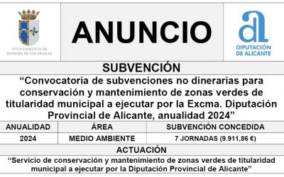 “Convocatoria de subvenciones no dinerarias para conservación y mantenimiento de zonas verdes de titularidad municipal a ejecutar por la Excma. Diputación Provincial de Alicante, anualidad 2024”