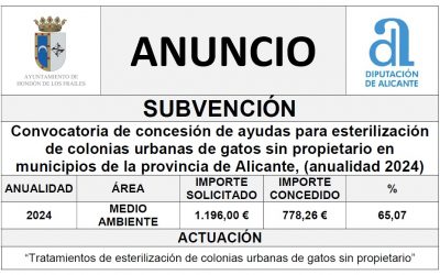 Convocatoria de concesión de ayudas para esterilización de colonias urbanas de gatos sin propietario en municipios de la provincia de Alicante, (anualidad 2024)