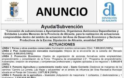 “Concesión de subvenciones a Ayuntamientos, Organismos Autónomos Dependientes y Entidades Locales Menores de la Provincia de Alicante, para la realización de actuaciones comprendidas dentro del ámbito de actuación del Área de Desarrollo Económico y Sectores Productivos de la Excma. Diputación de Alicante, anualidad 2024”