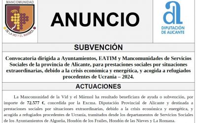 Convocatoria dirigida a Ayuntamientos, EATIM y Mancomunidades de Servicios Sociales de la provincia de Alicante, para prestaciones sociales por situaciones extraordinarias, debido a la crisis económica y energética, y acogida a refugiados procedentes de Ucrania – 2024.