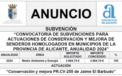 “CONVOCATORIA DE SUBVENCIONES PARA ACTUACIONES DE CONSERVACIÓN Y MEJORA DE SENDEROS HOMOLOGADOS EN MUNICIPIOS DE LA PROVINCIA DE ALICANTE, ANUALIDAD 2024”