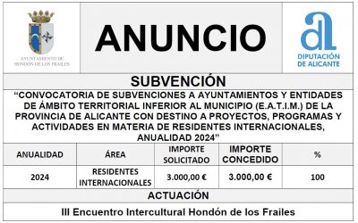 “CONVOCATORIA DE SUBVENCIONES A AYUNTAMIENTOS Y ENTIDADES DE ÁMBITO TERRITORIAL INFERIOR AL MUNICIPIO (E.A.T.I.M.) DE LA PROVINCIA DE ALICANTE CON DESTINO A PROYECTOS, PROGRAMAS Y ACTIVIDADES EN MATERIA DE RESIDENTES INTERNACIONALES, ANUALIDAD 2024”